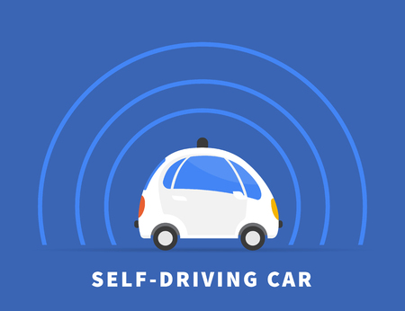 51292592 - self-driving car flat illustration on blue background. conceptual symbol of intelligent controlled driverless car with sensors