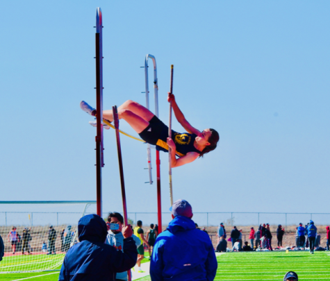 Esti Wiebe clears 8 feet. She took first place in pole vault.